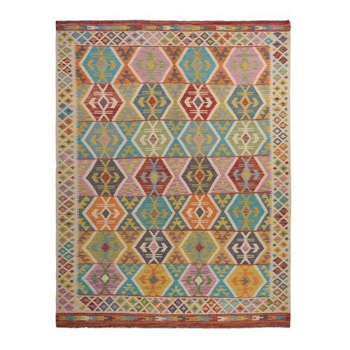 Bone White, Afghan Kilim with All Over Colorful Geometric Pattern, 100% Wool, Natural Dyes, Flat Weave, Hand Woven, Reversible, Oriental 