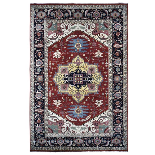 Ruby Red, Heriz Revival with All Over Leaf Pattern, Pure Wool, Hand Knotted, Oriental, Oversized Rug