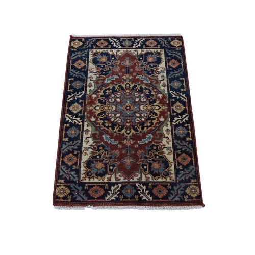 Barn Red, Antiqued Heriz Re-Creation with All Over Motifs, Hand Knotted, Pure Wool, Mat, Oriental Rug