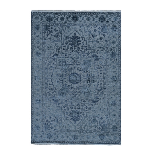 Stone Gray, Heriz Design, Wool and Silk, Hi-lo Pile, Hand Knotted, Oriental Rug