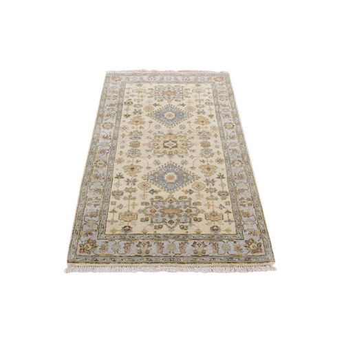 Acoustic White, Extra Soft Wool, Hand Knotted, Karajeh Design Tribal Medallions, Runner Oriental Rug
