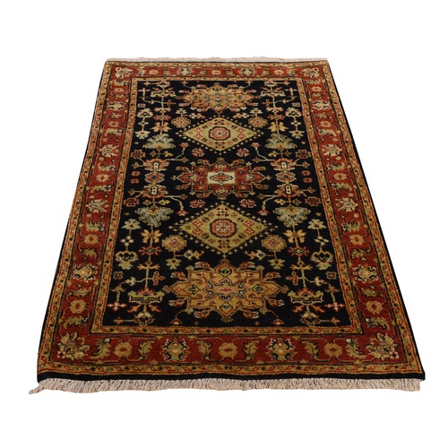 Eerie Black, Pure Wool with All Over Motifs, Karajeh Design, Vegetable Dyes, Soft Pile, Hand Knotted, Oriental Rug