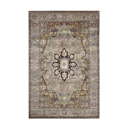 Brownish Gray, Hand Knotted, Heriz Design, Wool and Silk, Oriental Rug