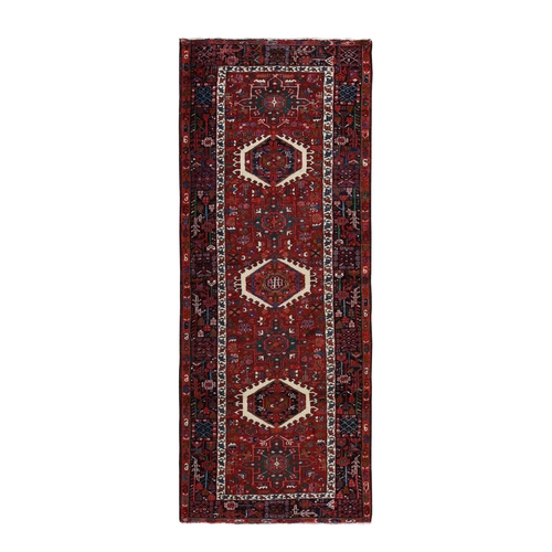 Carmine Red, Vintage Persian Karajeh, Clean, Soft, 100% Wool, Hand Knotted, Wide Runner, Oriental Rug