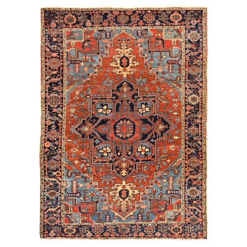 Clay Red, Antique Persian Heriz with Light Blue Corners, Even Wear, Good Condition and Clean, 100% Wool, Hand Knotted, Oriental 