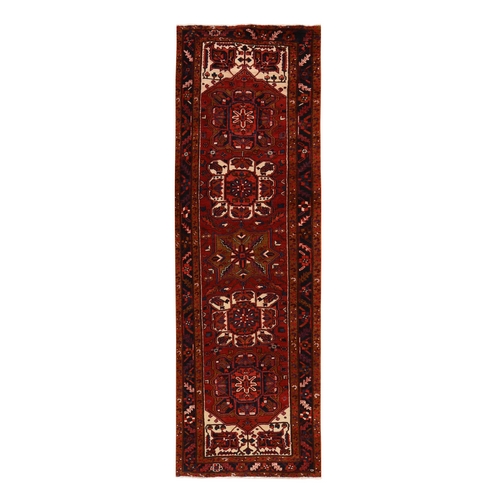 Savvy Red, Semi Antique Persian Heriz, Geometric Medallion Design, Clean, Full and Soft Even Pile, 100% Wool, Hand Knotted, Oriental, Wide Runner 
