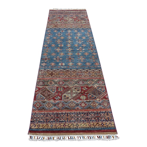 Air Force Blue, Densely Woven, All New Hand Knotted, Shiny and Soft Wool, Super Kazak Khorjin, Runner Oriental Rug