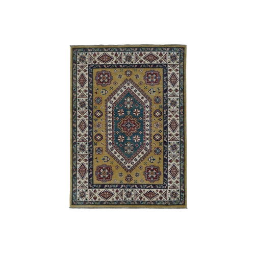 Goldenrod Color, Hand Knotted, Shiny Wool, Special Kazak, Geometric Pattern, Oriental Rug