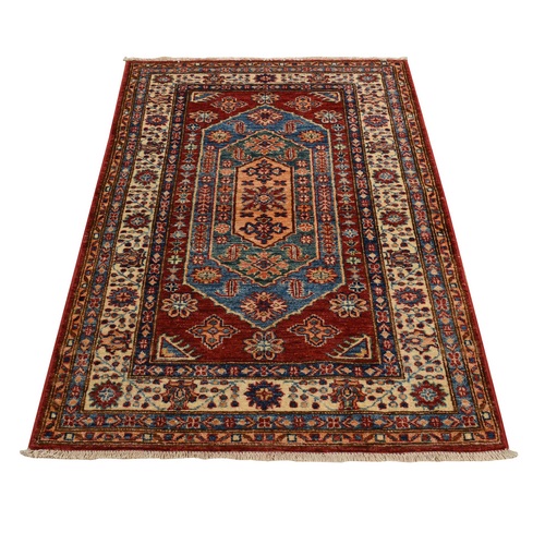 Carmine Red, Afghan Super Kazak with Large Tribal Element, Organic Wool, Hand Knotted, Denser Weave, Natural Dyes, Oriental Rug