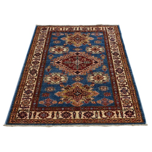 Blue Sapphire with Beige Borders, Afghan Super Kazak, Colorful Geometric Motifs, Natural Wool, Hand Knotted, Denser Weave, Natural Dyes, Oriental Rug