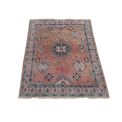 Faded Rose, Vintage Look Kazak with Geometric Medallions Design, 100% Wool, Hand Knotted Oriental Rug