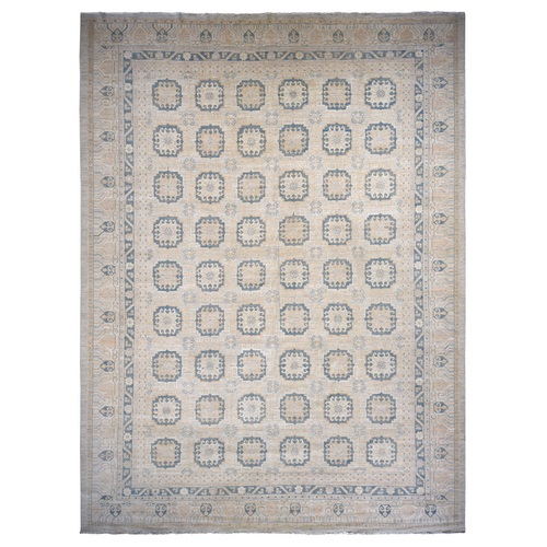 Pale Ivory, White Wash Khotan with Repetitive Geometric Gul Design, Hand Knotted, Pure Wool, Extra Wide, Oversized, Oriental Rug