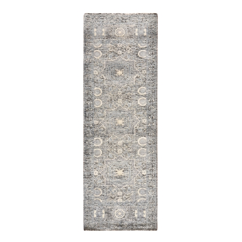 Powder Blue, Silken Mamluk Design, Washed Out, Hand Knotted, Oriental, Wide Runner 