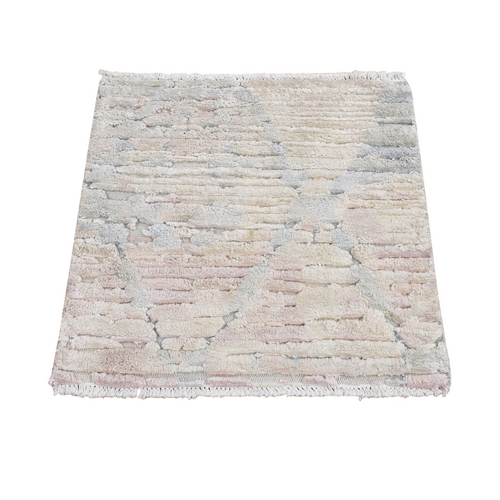Lace White, Sample Fragment, Luxurious Plush, Modern, Pure Silk with Textured Wool, Hand Knotted, Square, Oriental 