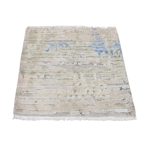 Bone White, Sample Fragment, Modern, Pure Silk with Textured Wool, Hand Knotted, Square, Oriental Rug