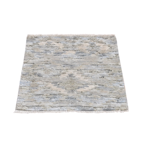 Gin Green, Pastel Collection with Natural Colors, Hi-Low Pile, Wool and Pure Silk, Hand Knotted, Square Sample Oriental Rug