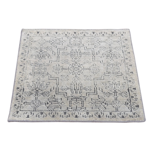 Gentle Gray, Mughal Flower Tone on Tone Design, Pure Silk with Textured Wool, Hand Knotted, Square Sample Oriental Rug