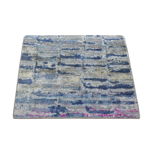 Yale Blue, Sari Silk with Oxidized Wool, Diminishing Bricks, Hand Knotted, Sample Square, Oriental Rug