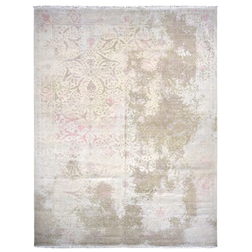 Pink Gray, Broken and Erased Persian Inspired Design, Wool and Silk with Touch of Pink, Hand Knotted, Oversize Oriental Rug
