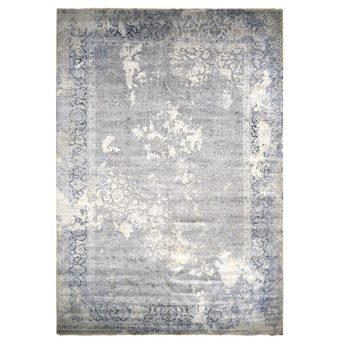 Cloud Gray, Broken and Erased Persian Design, Wool with Pure Silk, Hand Knotted, Oversized Oriental Rug