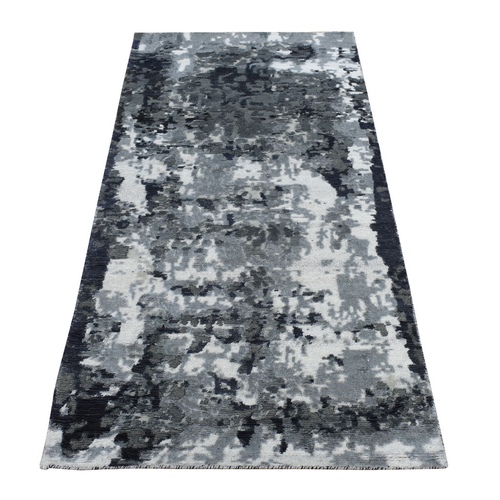 Medium Gray, Abstract Design, Wool and Silk, Hand Knotted, Runner Oriental Rug