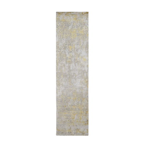 Parchment White with Mix of Gold, Hi-Lo Pile, Abstract Design, Wool and Silk, Hand Knotted, Runner Oriental Rug