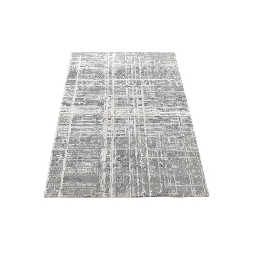 Smokey Gray, Wool and Silk, Modern Tone on Tone, Criss Cross Line Design, Hand Knotted, Thick and Plush, Oriental Rug