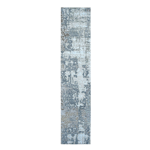 Spruce Blue, Modern Galaxy Abstract Design, 100% Wool, Hand Knotted, Runner Oriental Rug