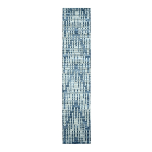 Air Force Blue, Pure Silk and Textured Wool, Zigzag with Graph Design, Hand Knotted, Runner Oriental Rug