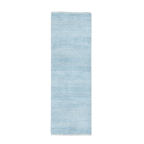 Stone Blue, Modern Grass Design, Tone on Tone, Wool and Silk, Runner Oriental Rug