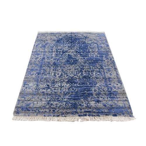 Yale Blue, Modern Broken and Erased Persian Design, Wool and Silk, Hand Knotted, Sample Oriental Rug