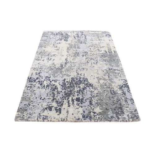 Stone White, Abstract Design, Wool and Pure Silk, Denser Weave, Persian Knot, Hand Knotted, Mat Oriental Rug