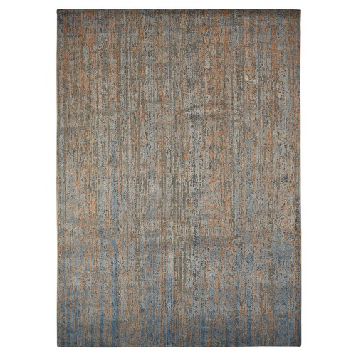 Sky Blue, Vertical Ombre Design, Silk with Textured Wool, Hand Knotted, Oriental 