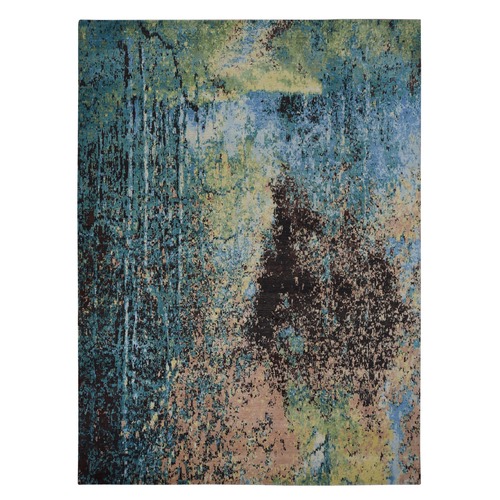 Deep Jungle Green, Wool and Silk, Abstract Design, Hand Knotted, Oriental Rug