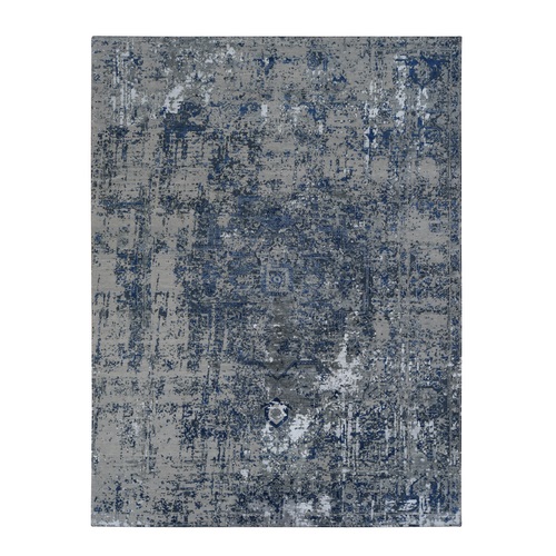 Astros Navy Blue, Erased Heriz Design, Wool and Silk, Hand Knotted, Fine Oriental Rug