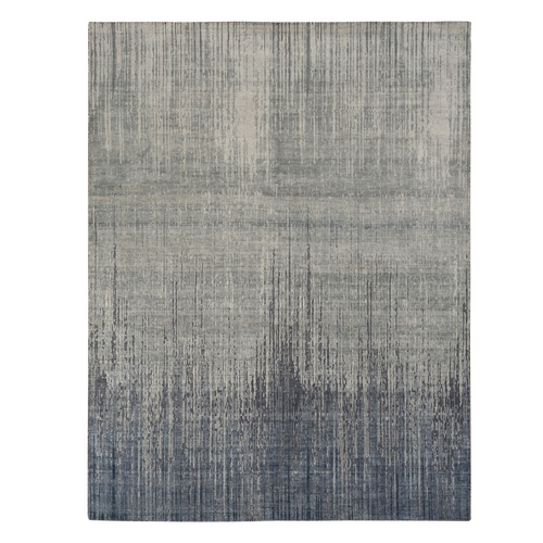 Sage Gray, Vertical Ombre Design, Pure Silk, Hand Knotted, Oriental Rug