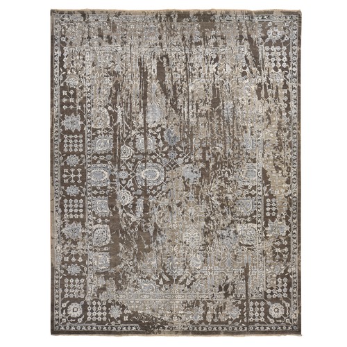Southern Vine Brown, Wool & Silk, Hand Knotted, Broken And Erased Persian Flower Blossom Design, Oriental Rug