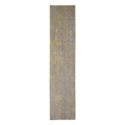 Bone Brown and Gold, Abstract Design, Embossed Pile, Hi-Low Pile, Wool And Silk, Hand Knotted, Runner Oriental 