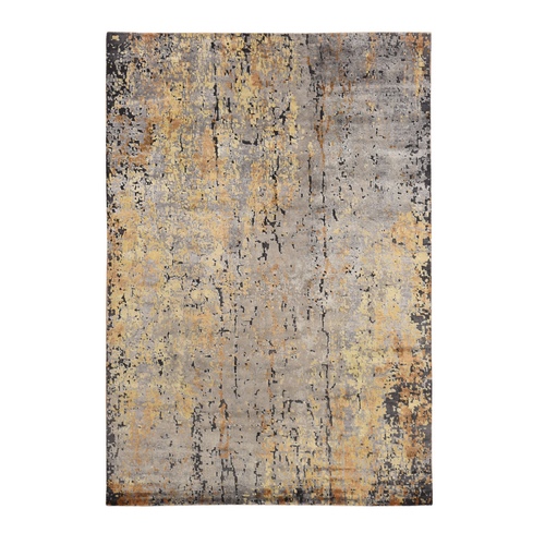 Battleship Gray, Abstract Design, Wool and Silk, Hi-Low Pile, Hand Knotted, Oriental Rug