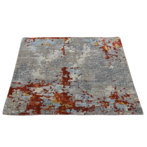Owl Gray, Wool and Silk, Abstract with Fire Mosaic Design, Hand Knotted, Square, Oriental Rug