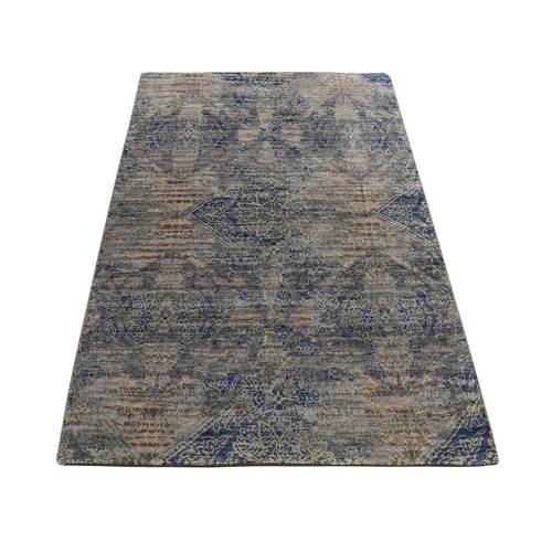 Yale Blue, Erased Rosette Design, Distressed Silk with Textured Wool, Hand Knotted, Oriental Rug