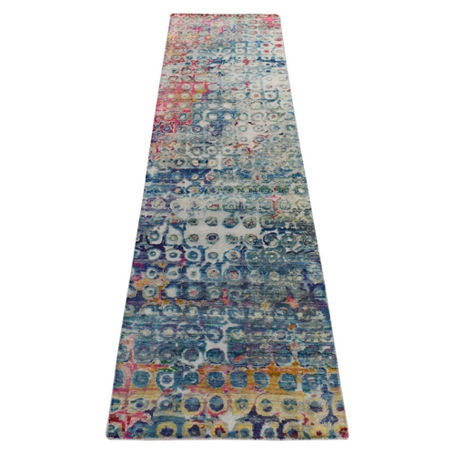 Cambridge Blue, THE PEACOCK, Colorful Sari Silk, Hand Knotted, Runner, Oriental Rug