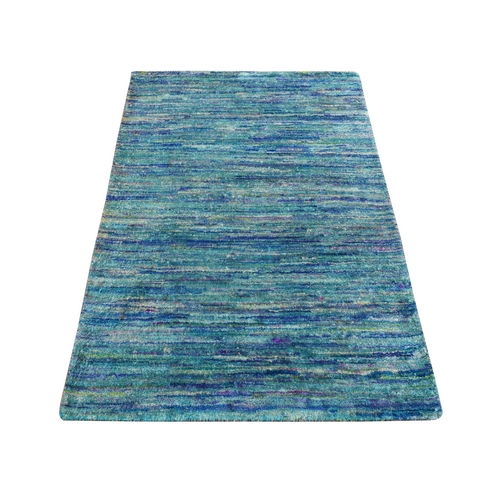 Shades of Blue, Plain Solid Design, Hand Knotted, Sample, Strike Off, Pure Sari Silk, Mat, Oriental Rug