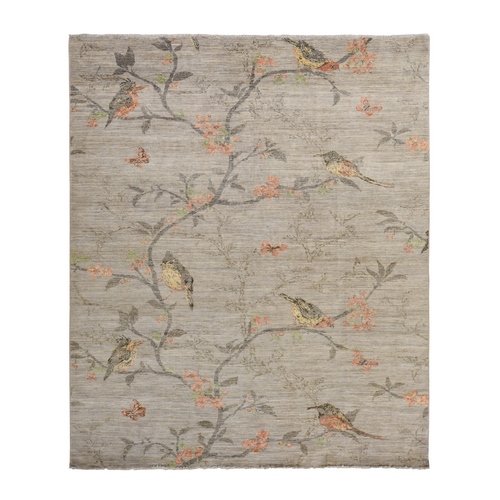 Stone Gray, Modern, Sparrows on the Branch, Soft Pile, 100% Ghazni Wool, Hand Knotted Oriental Rug