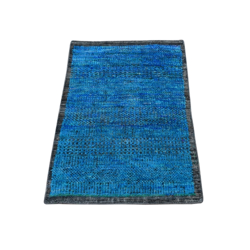 Vivid Blue, Sari Silk with Oxidized Wool, Simple and Colorful Sample, Mat Size, Hand Knotted Oriental 