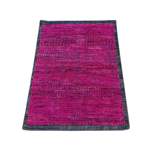 Hot Pink, Sari Silk with Oxidized Wool, Simple and Colorful Sample, Mat Size, Hand Knotted Oriental 