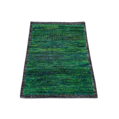 Forest Green, Sari Silk with Oxidized Wool, Simple and Colorful Sample, Mat Size, Hand Knotted Oriental 