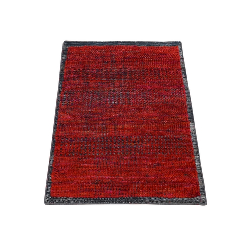 Salsa Red, Sari Silk with Oxidized Wool, Simple and Colorful Sample, Mat Size, Hand Knotted Oriental 