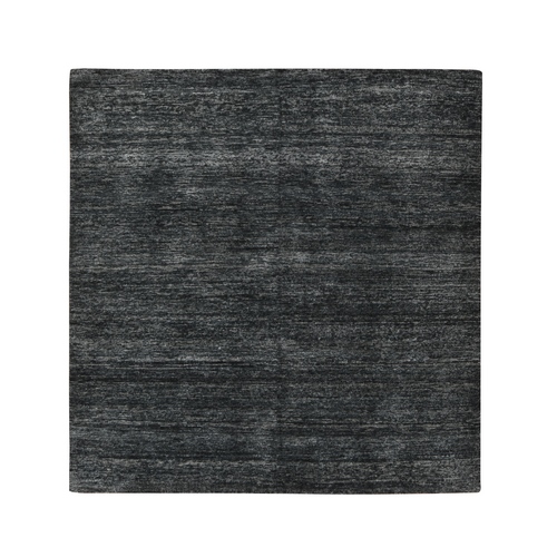 Charcoal Black Shades, Modern Plain Design, 100% Silk, Hand Knotted, Square, Oriental Rug