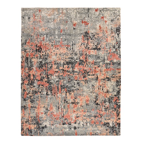 Spanish Gray with Blush Red, Abstract Design, Soft to the Touch, Modern, 100% Wool, Hand Knotted, Oriental Rug